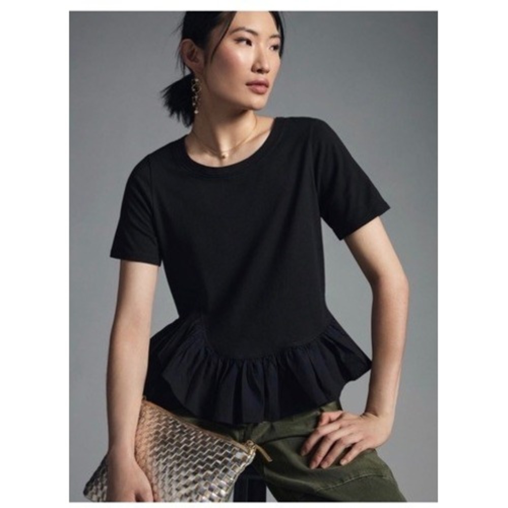 Anthropologie Black Mixed Media Peplum Ruffle Hem Short Sleeve Top Small
